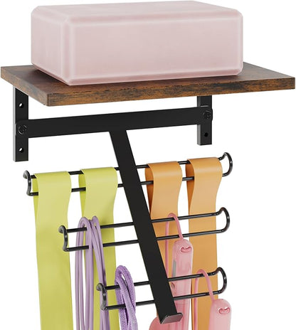 TJ.MOREE Resistance Rack Band Storage Hanger with Shelf Gym Equipment Organizer, Storage Rack for Home Gym, Brown