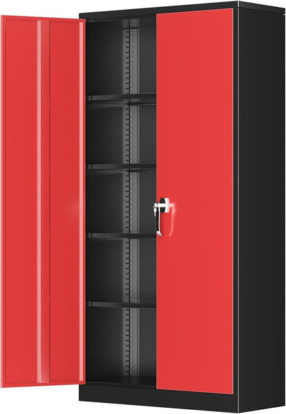 Greenvelly Metal Garage Storage Cabinet, 72" Black Red Tool Steel Locking Cabinets with Doors and 4 Shelves, Tall Cabinets for Garage Storage Systems Lockable File Cabinet for Home Office,Garage