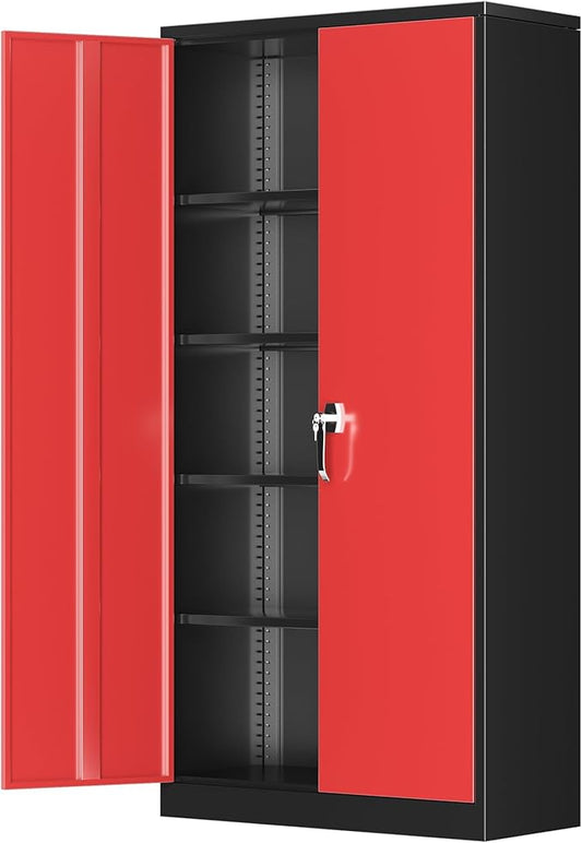 Greenvelly Metal Garage Storage Cabinet, 72" Black Red Tool Steel Locking Cabinets with Doors and 4 Shelves, Tall Cabinets for Garage Storage Systems Lockable File Cabinet for Home Office,Garage