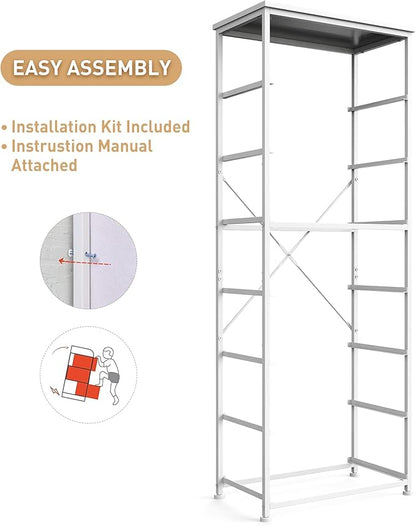 Tall Fabric Dresser for Bedroom, Vertical Storage Organizer Tower with 7 Drawers, Chest of Drawers with Bins, Steel Frame, Wood Top for Bedroom, Closet, Entryway White
