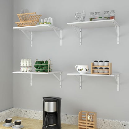 Deep Floating Wall Shelves - 4 Sets of 12 Inch Wide White Wood Shelves for Bathroom, Bedroom, Kitchen, Living Room