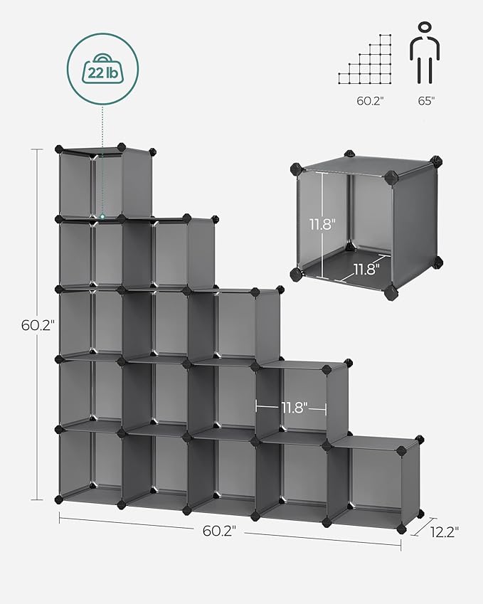 SONGMICS Cube Storage Organizer, Set of 16 Plastic Cubes, Book Shelf, Closet Organizers and Storage, Room Organization, Bedroom Living Room, 12.2 x 48.4 x 48.4 Inches, Gray ULPC442G01