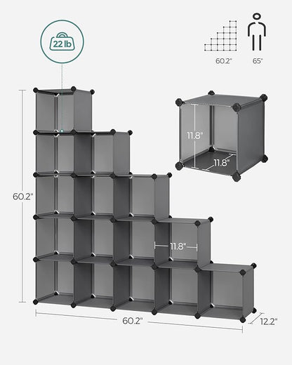 SONGMICS Cube Storage Organizer, Set of 16 Plastic Cubes, Book Shelf, Closet Organizers and Storage, Room Organization, Bedroom Living Room, 12.2 x 48.4 x 48.4 Inches, Gray ULPC442G01