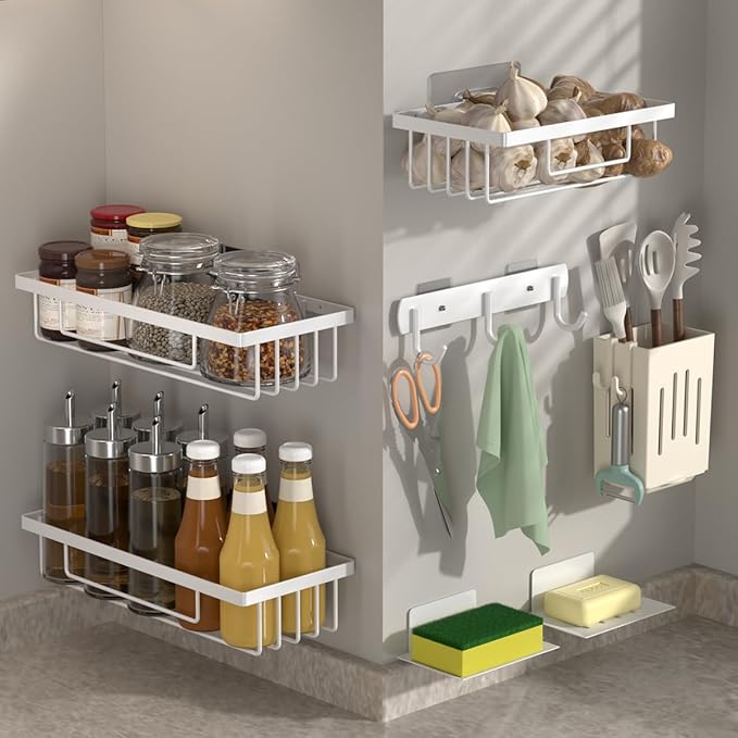 Wall Mounted Bathroom Organizer Set, White, 3-Tier Storage Basket Shelves with Soap Holder, Toothbrush Cup, Hooks for Toiletries, Adhesive Installation