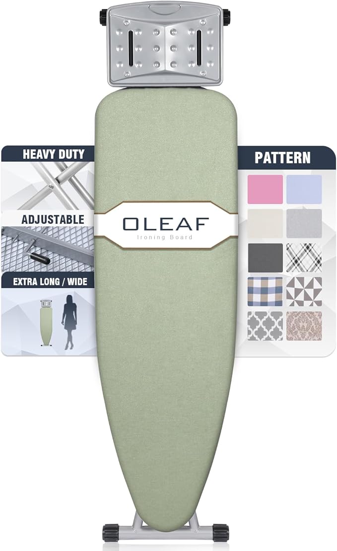 oleaf Ironing Board with Cover and Thicken Pad 43 x 13 Height Adjustable Full Size Foldable Iron Board with Iron Rest, Stable Steel Legs, Metal Construction, Heat Resistant, Light Green