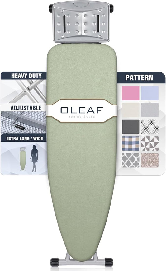 oleaf Ironing Board with Cover and Thicken Pad 43 x 13 Height Adjustable Full Size Foldable Iron Board with Iron Rest, Stable Steel Legs, Metal Construction, Heat Resistant, Light Green