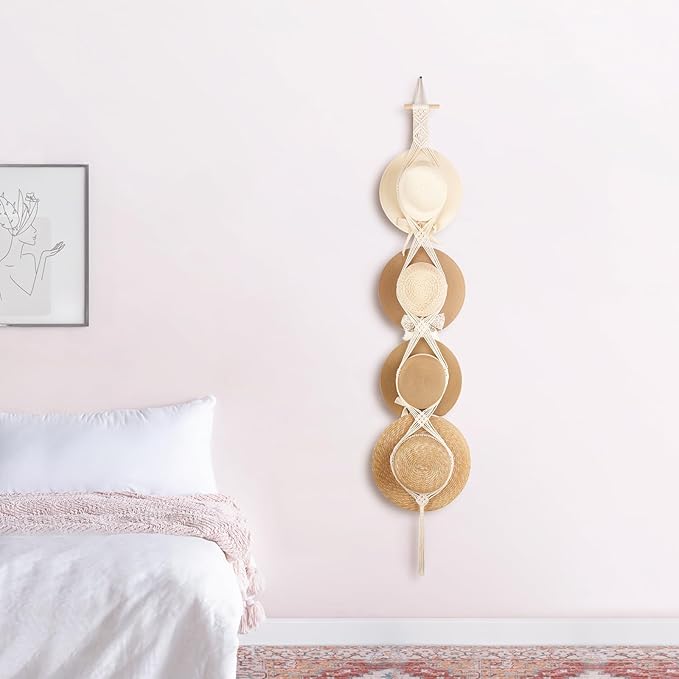 Dahey Macrame Hat Hangers Hat Rack for Wall Cowboy Hat Organizer Hanging Display Hand Weaving Bobo Hat Holder Western Decor for Wide Brim Hats Bowler Fedora Hats, 4 Hat Style