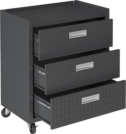 Manhattan Comfort Fortress 31.5-Inch Rolling Garage Tool Chest, 3-Drawer Lockable Mobile Storage Cabinet, Diamond-Textured Steel Utility Organizer with Wheels for Basement, Workshop in Charcoal Grey