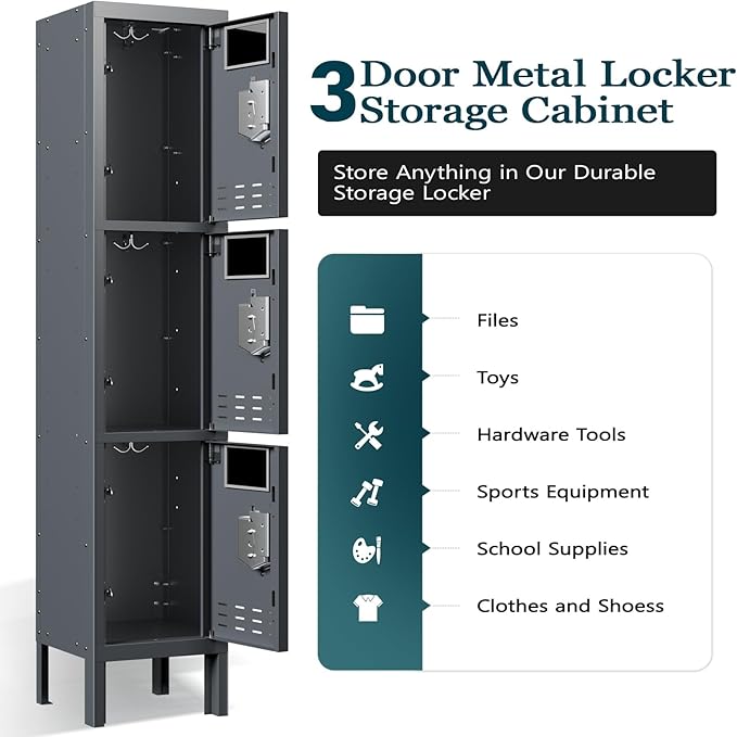 Metal Storage Locker with Lock & Card Slot Locker - Secure Lockable Door - Steel Locker for School, Office, Gym, Home - 66.15" H x 11.8" W x 11.8" D（3 Door, Grey）