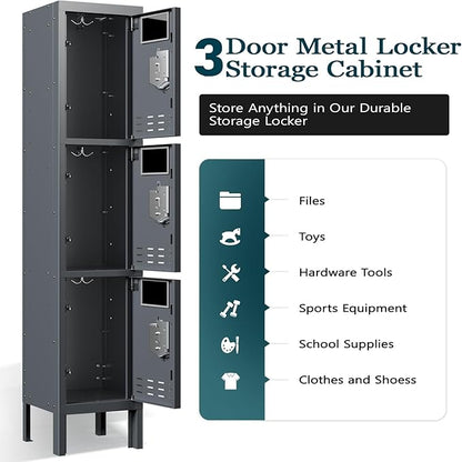 Metal Storage Locker with Lock & Card Slot Locker - Secure Lockable Door - Steel Locker for School, Office, Gym, Home - 66.15" H x 11.8" W x 11.8" D（3 Door, Grey）