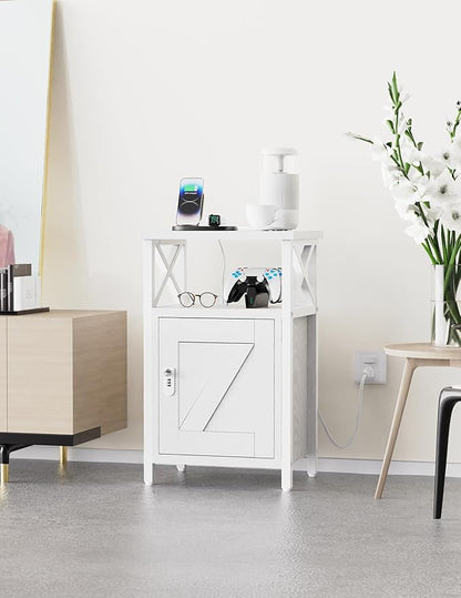 Wooden Nightstand with Lock, Bed Side Table with Drawers, Bedside Table with Charging Station, 3 USB & 2 Outlets, Night Stand with Storage, End Tables for Bedroom, Dorm, White
