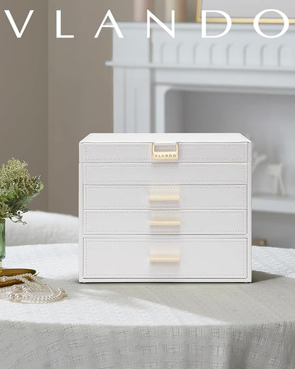 Vlando 4 Layer Large Jewelry Box - Jewelry Holder Organizer, Jewelry Box Organizer for Drawer Necklace Ring Bracelet and Watch, Birthday Gift for Loved Ones - White