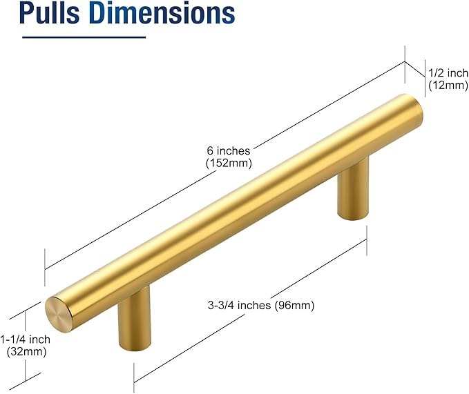 JOY DECOR 25 Pack 6 Inch Cabinet Pulls Kitchen Cabinet Handles with 3-3/4 Inch Hole Center Brushed Brass Cabinet Hardware Stainless Steel Kitchen Drawer Pulls for Cabinets Cupboard, 96mm Hole Centers