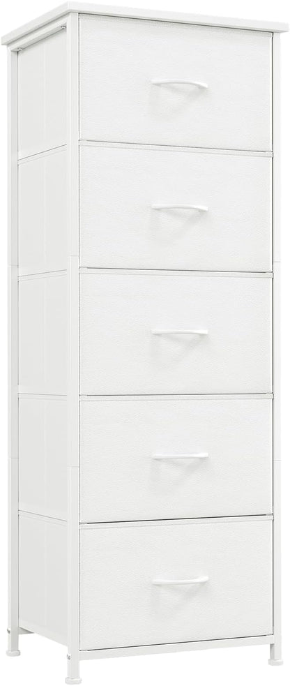 Somdot Tall Dresser for Bedroom, Chest of Drawers Storage Organizer,Steel, Non-Woven Fabric Drawers, Closet Bedside Living Room Entryway Hallway, 11.8"D x 16.5"W x 45.1"H (5 Drawers) White Leather, 1