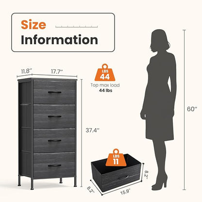 Sweetcrispy Nightstand Small Bedroom Dresser with 4 Fabric Drawers,Bed Side Furniture End Table,Wooden Top Cabinet Night Stand Dresser for Closet,Entryway,Dorm,Black Wood Grain