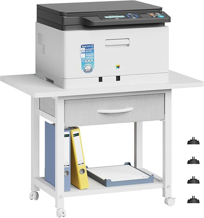 YAOHUOO 22"x15" Large Printer Stand with Storage Drawer, 2-Tier Under Desk Table for Home Office, Fits Fax Machine/3D Printer/Scanner (White)