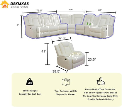 Ivory White Breathing Leather Power Reclining Sectional Sofa Set, Leather Recliner Sofa with LED Light, Living Room Furniture Sets with Storage Console/Cup Holder/USB Port for RV/Home Theater