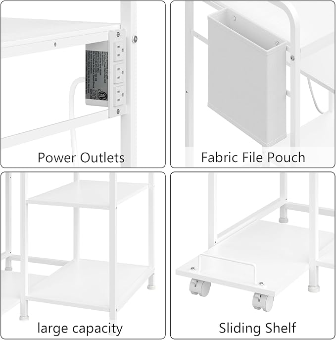 Home Printer Stand with Charging Station, 24x18 Inches Stands for Large Printer, Printer Shredder Stand with Storage for Home Office, Table for Fax Machine/PC Tower (White)