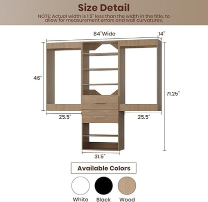 ROOMTEC Modular Closet System, 84" Wall Mounted Closet Organizer with Hanging Rods and Drawers, Wooden Tower for Walk-In Closets, Wardrobe Storage Kit, Wood