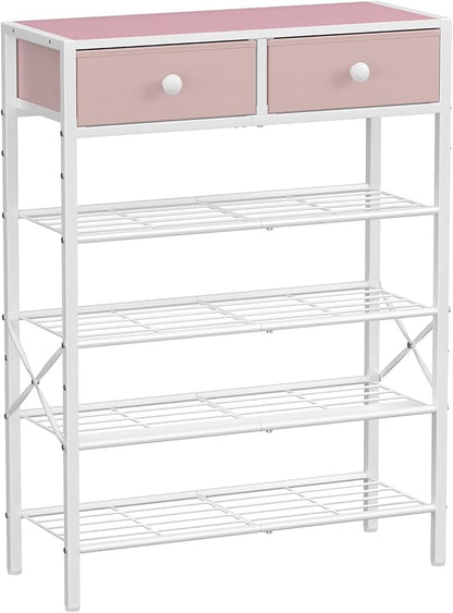 Shoe Rack for Entryway, 5 Tier Shoe Organizer with 2 Non-Woven Drawers, Metal Storage Shoe Shelf for 16-20 Pairs of Shoes, with Wooden Top and Steel Frame, Shoe Stand for Closet Pink