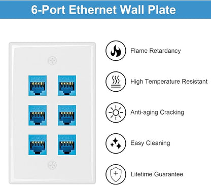 Iwillink 10Gbps Ethernet Wall Plate CAT6A, 6-Port Keystone Wall Plate and Jack Outlet, RJ45 Wall Plates with Single Gang Low Voltage Mounting Bracket - 1 Pack
