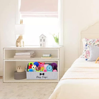Geyecete Foldable Fabric Dog Toy Storage Box - Collapsible Basket with Handle, Organizer for Large Dog Toys (Slub Gray-DOG)
