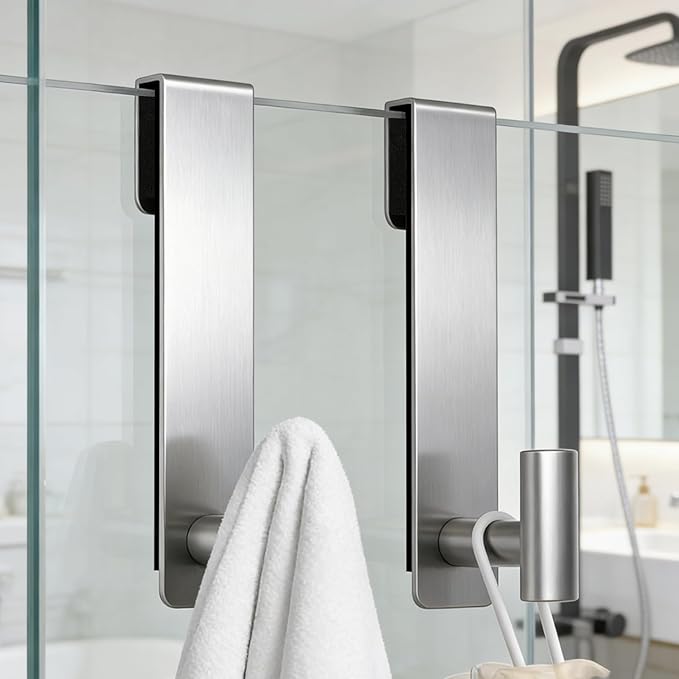 PMMASTO Shower Door Hooks, (7.5 Inch) Extended Towel Hooks for Bathroom Frameless Glass Shower Door, Stainless Steel Heavy Duty Hooks (Silver, T Shape-Fits 3/8" Thick Door)