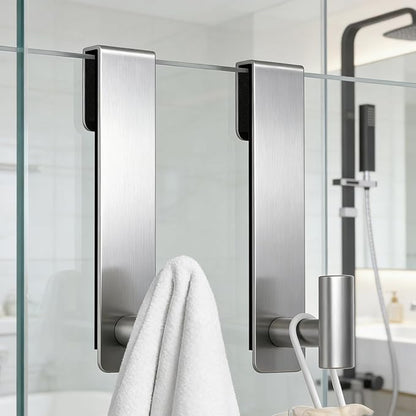 PMMASTO Shower Door Hooks, (7.5 Inch) Extended Towel Hooks for Bathroom Frameless Glass Shower Door, Stainless Steel Heavy Duty Hooks (Silver, T Shape-Fits 3/8" Thick Door)