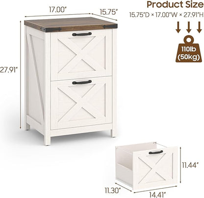 2 Drawer Small File Cabinet, Farmhouse Vertical Filing Cabinet Fits Letter and A4 Size, Under Desk Wooden File Cabinets for Home Office, Printer Stand, Rustic White