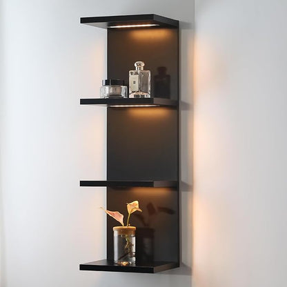 4 Tier LED Wall Shelf - Modern Floating Shelves for Makeup Vanity, Bedroom, Living Room | Easy Install Cosmetic & Display Lack Shelf, Black