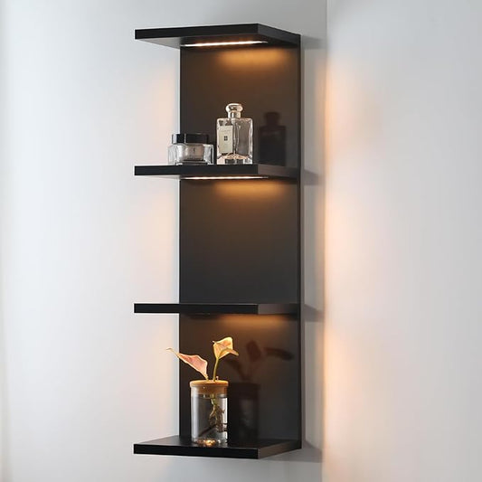 4 Tier LED Wall Shelf - Modern Floating Shelves for Makeup Vanity, Bedroom, Living Room | Easy Install Cosmetic & Display Lack Shelf, Black
