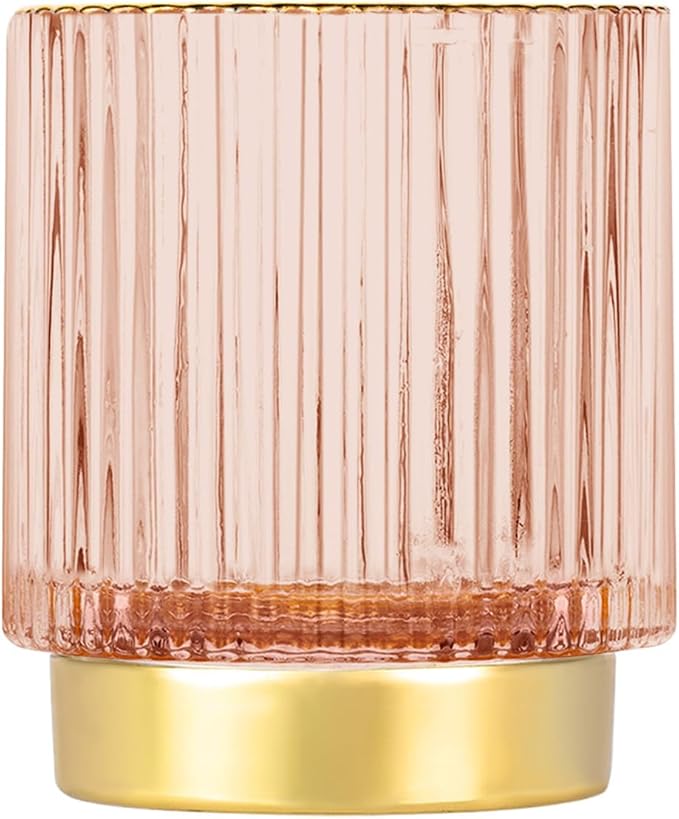 DASITON Makeup Brush holder Organizer,Crystal Cosmetic Makeup Brush Glass Brushes Storage Holder, Vintage Make Up Brush Cup Pen Pencil Holder striped vase(Pink S)