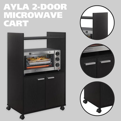 Kings Brand Furniture Ayla Microwave Cabinet with Storage and Upper Shelf for Kitchen Appliances - 2 Door Cabinet Kitchen Storage Cart - Wood Kitchen Cart with Lockable Castors Wheels – Black