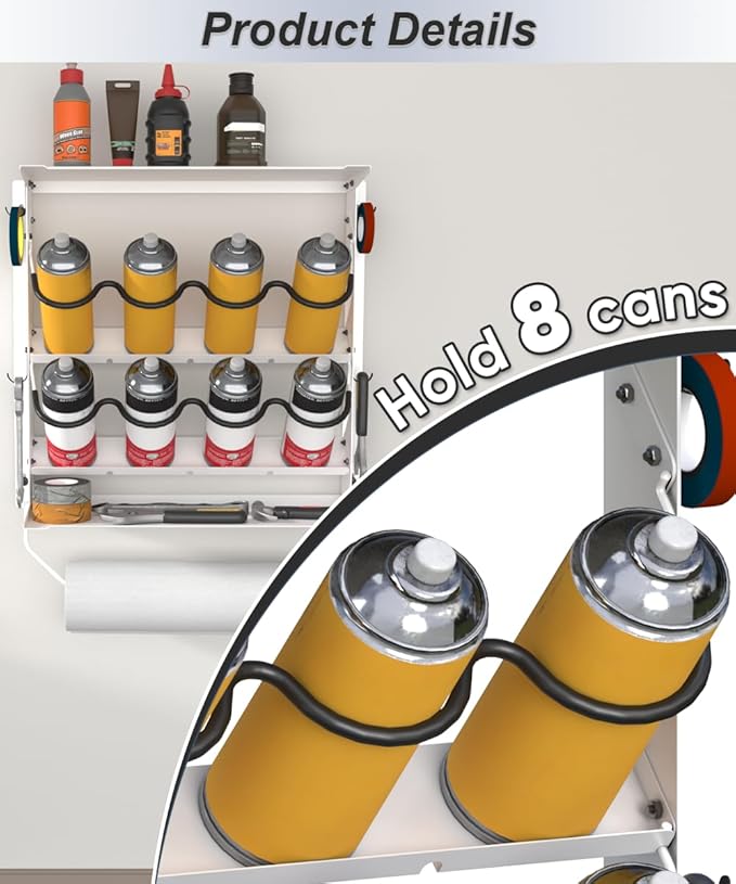 Spray Paint Can Holder with Paper Towel Holder for Home Garage Organizer, Wall Mount Paint Bottle Tool Utility Storage Rack with 8 Holes & 2 Shelf for Shop, White