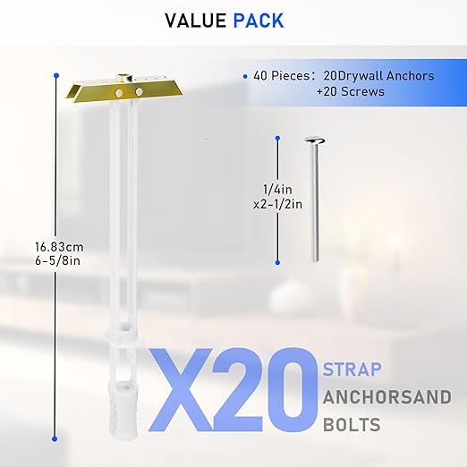 Drywall Anchor with Included Bolts for 1/4”-20, Heavy Duty Hollow Drywall Anchors for TV Mounting Kit, Strong Hollow Wall Anchors Holds up to 270lbs Each in 1/2” Drywall, 20 Packs