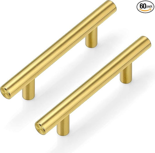 60Pack Gold Cabinet Handles 3 Inch Hole Center-Brushed Brass Cabinet Pulls Gold Dresser Drawer Pulls -Stainless Steel Door Hardware for Kitchen Bathroom Bedroom 5 Inch Length