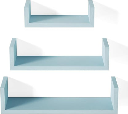 SRIWATANA Floating U Shelves Wall Mounted, Solid Wood Wall Shelves Set of 3 (Blue)