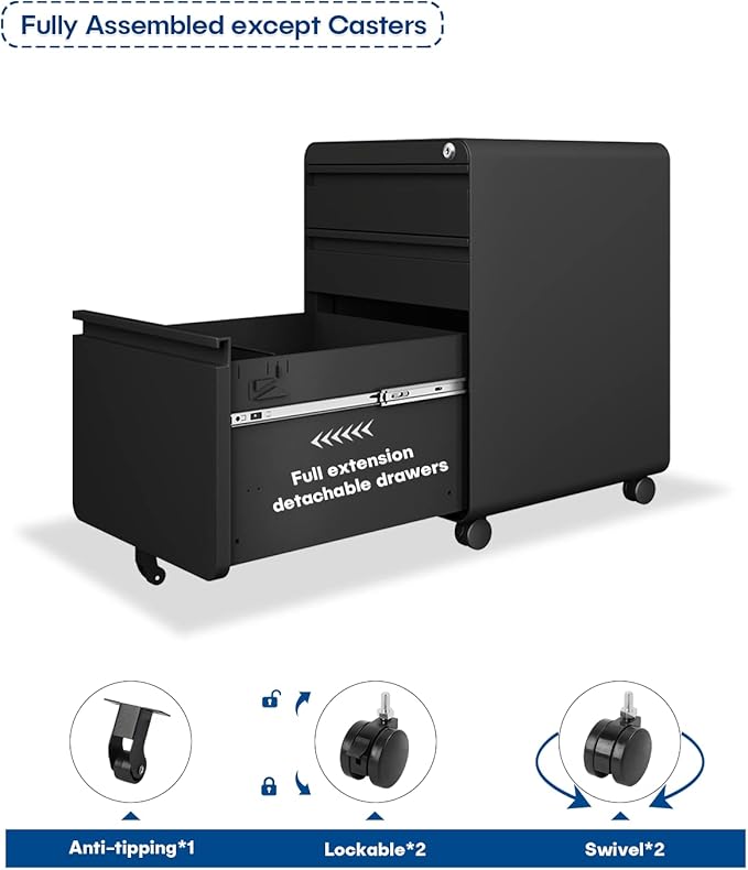 Dripex 3 Drawer File Cabinet, Metal Filing Cabinets with Lock Wheels for Letter/Legal/A4 File, Anti-tilt Under Desk Design, Lockable Rolling Mobile File Cabinet for Home Office (Black)
