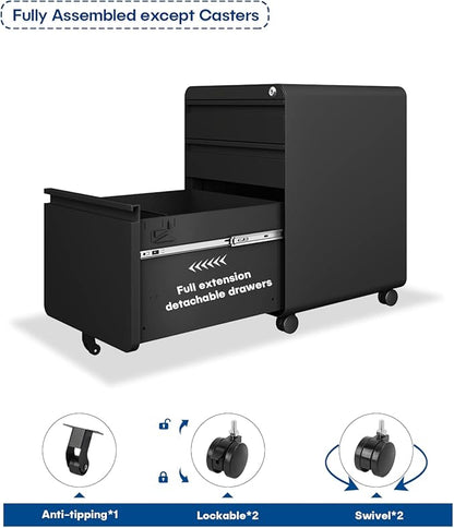 Dripex 3 Drawer File Cabinet, Metal Filing Cabinets with Lock Wheels for Letter/Legal/A4 File, Anti-tilt Under Desk Design, Lockable Rolling Mobile File Cabinet for Home Office (Black)
