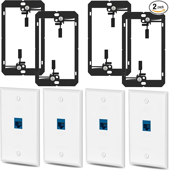 4 Pairs Ethernet Wall Plate Cat6 1 Port Keystone Jack Wall Plate with RJ45 Coupler Outlet Connector and Single Gang Low Voltage Mounting Bracket
