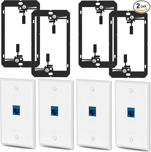 4 Pairs Ethernet Wall Plate Cat6 1 Port Keystone Jack Wall Plate with RJ45 Coupler Outlet Connector and Single Gang Low Voltage Mounting Bracket
