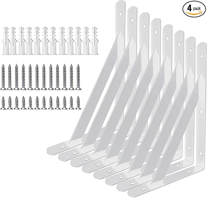 20 Inch Heavy Duty Brackets, 4 6 8 10 12 14 16 18 Inch Large Shelf Brackets, White Powder-Coated Shelf Supports Brackets (4 Pairs, White)
