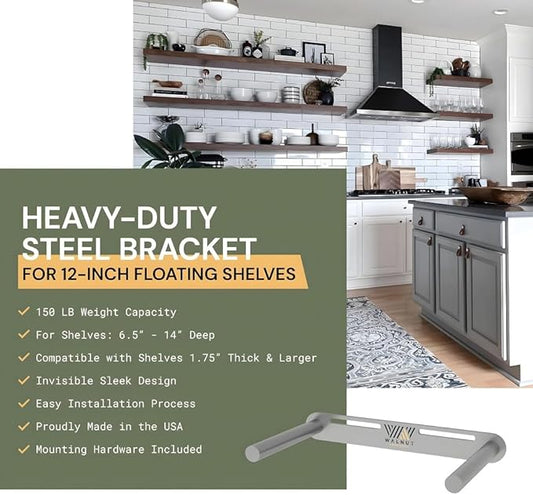 Floating Shelf Bracket - 12” Hidden Shelf Brackets, 150 LB Weight Capacity, Supports Wall Mounted Floating Shelves of Any Length, 3/4 Inch Industrial Solid Steel Support Rods Walnut Wood Works