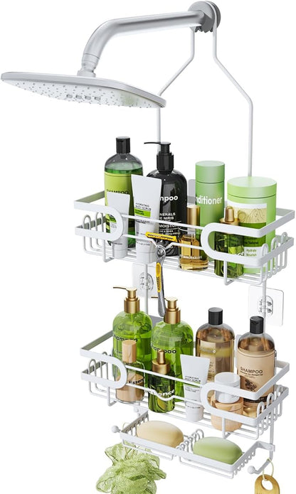 HapiRm Bathroom Hanging Shower Caddy - Rustproof Shower Shelf with 12 Hooks and 2 Soap Holders, No Drilling Bathroom Organizers and Storage - White