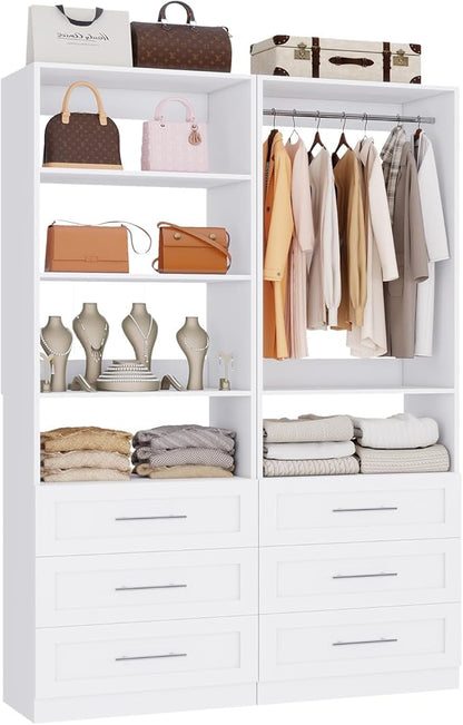 Closet System with 6 Drawers, Wood Closet Organizer System, Walk-in Closet or Small Closet System with Shelves, Modular Closet Systems with 3 Expandable Hanging Rods, 2 Sets, White (4FT)