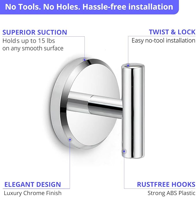 HOME SO Suction Cup Hooks for Shower & Bathroom Towel Holder 2-Pack – Suction Cups Hooks for Hanging Towels, Robes, & Coats - Tiles, Glass Door or Mirror – Shower Hooks & Towel Hooks - Chrome T-Shape