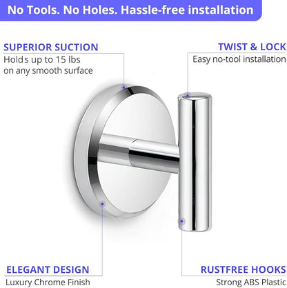 HOME SO Suction Cup Hooks for Shower & Bathroom Towel Holder 2-Pack – Suction Cups Hooks for Hanging Towels, Robes, & Coats - Tiles, Glass Door or Mirror – Shower Hooks & Towel Hooks - Chrome T-Shape