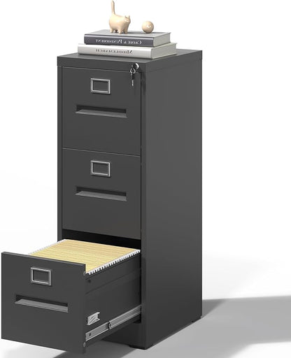 3 Drawer File Cabinet, Vertical File Cabinets with Lock for Home Office,Heavy Duty Office Steel Filing Cabinet for Hanging Letters/Legal/A4, Assembly Required (Black)
