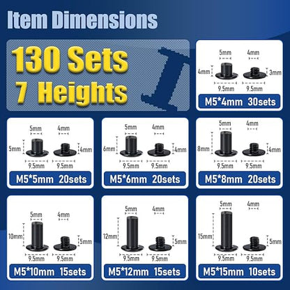 130 Sets Matte Black Chicago Screws for Leather, Leather Rivets Kit, 7 Sizes M5x4-15mm & 3 Screw Lengths M4x3-5mm, True Deep Black Chicago Screw for DIY Craft and Projects