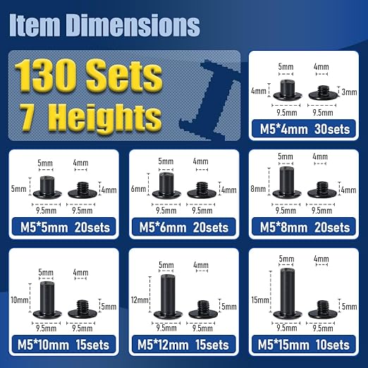 130 Sets Matte Black Chicago Screws for Leather, Leather Rivets Kit, 7 Sizes M5x4-15mm & 3 Screw Lengths M4x3-5mm, True Deep Black Chicago Screw for DIY Craft and Projects